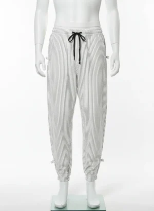 Pantalon léger coton lin homme rayé boucle décorative - Vue 1 - Pantalon léger