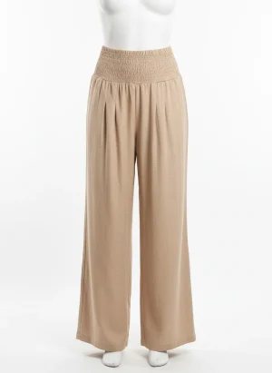 Pantalon léger large taille smockée plage décontracté femme - Vue 1 - Pantalon léger